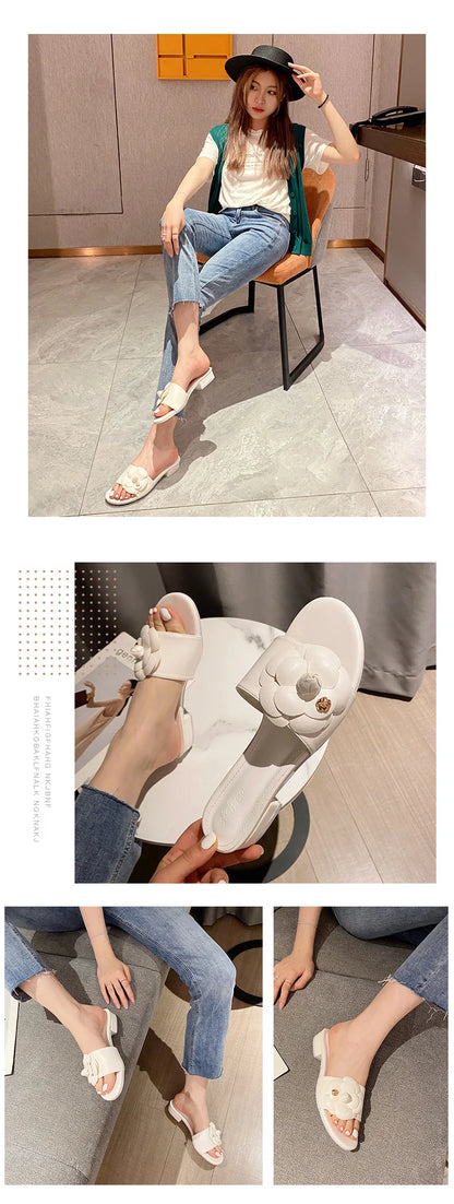 Luxury Women’s Flower Slippers — Camellia Open-Toe Slides for Home & Outdoor, Ladies Flip Flop Sandals