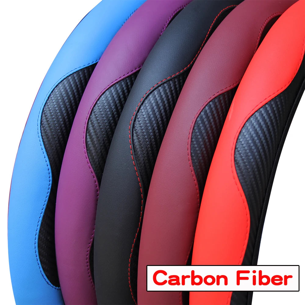 PU Carbon Fiber Leather Steering Wheel Cover — No Inner Ring, Fits 14.5-15 Inch Cars