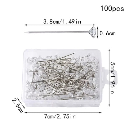 Fenrry 100PCS Diamond Head Pins – Crystal Corsage Sewing Pins, Straight Pins for Dressmaking & Party Decorations with Plastic Box