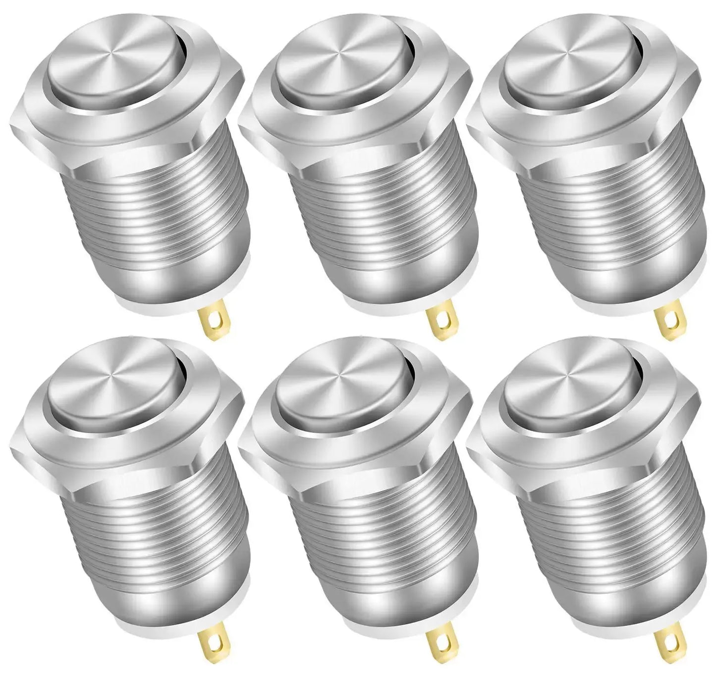 6PCS 12mm Momentary Push Button Switch – 12V Waterproof Chrome Stainless Steel, 2-Pin N/O Power Button