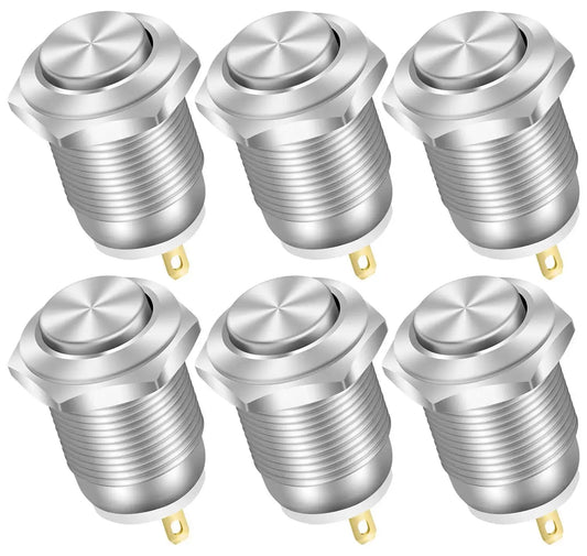 6PCS 12mm Momentary Push Button Switch – 12V Waterproof Chrome Stainless Steel, 2-Pin N/O Power Button