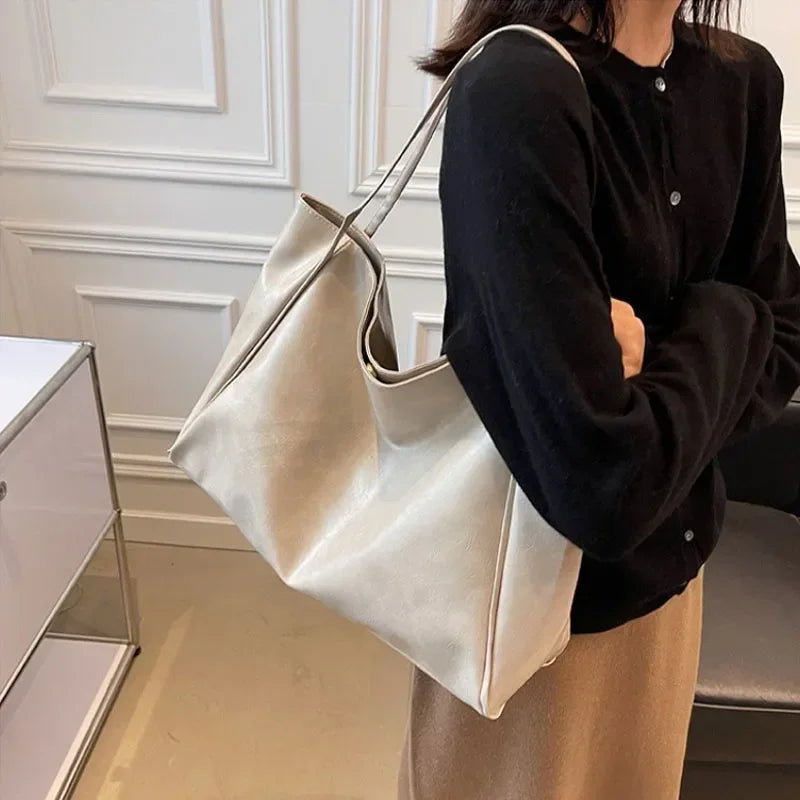Women’s PU Leather Tote Bag – Large Capacity Soft Underarm Shoulder & Crossbody Bucket Bag Retro Casual Portable Handbag