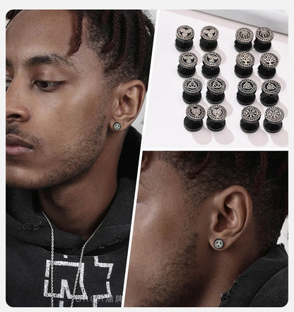 Vnox Men's Viking Black Stud Earrings - Vegvisir & Norse Valknut, Cool Punk Stainless Steel Set