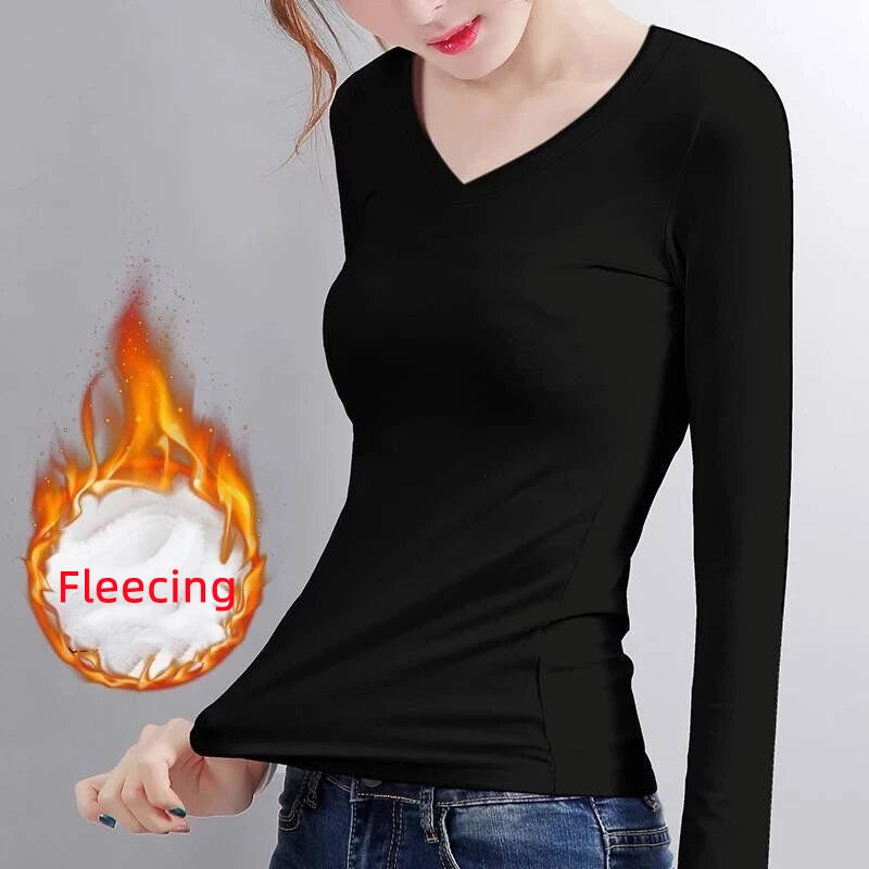 Women’s Thermal Velvet Long Sleeve Shirt - O Neck Slim Fit Cropped Bottoming Top for Winter Warmth