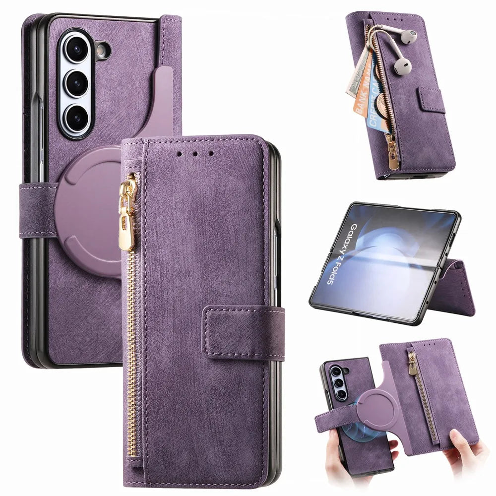 2-in-1 Detachable Leather Wallet Case for Samsung Galaxy Z Fold 6/5/4/3 – Zipper Card Slot Cover 5G Compatible