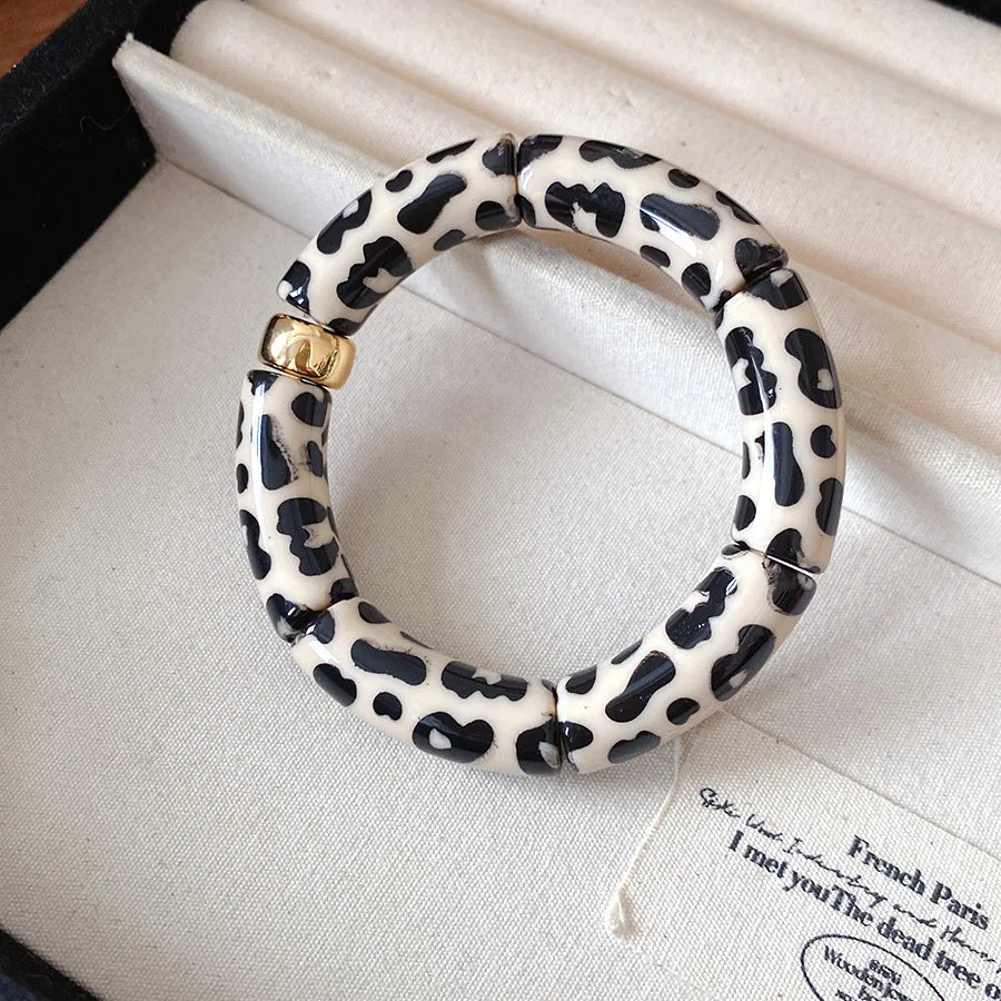 Leopard Print Bamboo Tube Acrylic Bracelets - Retro Stretch Beaded Bangles for Women & Men, Stackable Jewelry Gift
