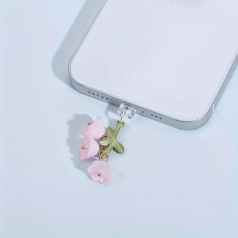 Pink Lily Flower Phone Charm - Cute Green Leaf Dust Plug Accessory for iPhone & Type-C Charging Ports