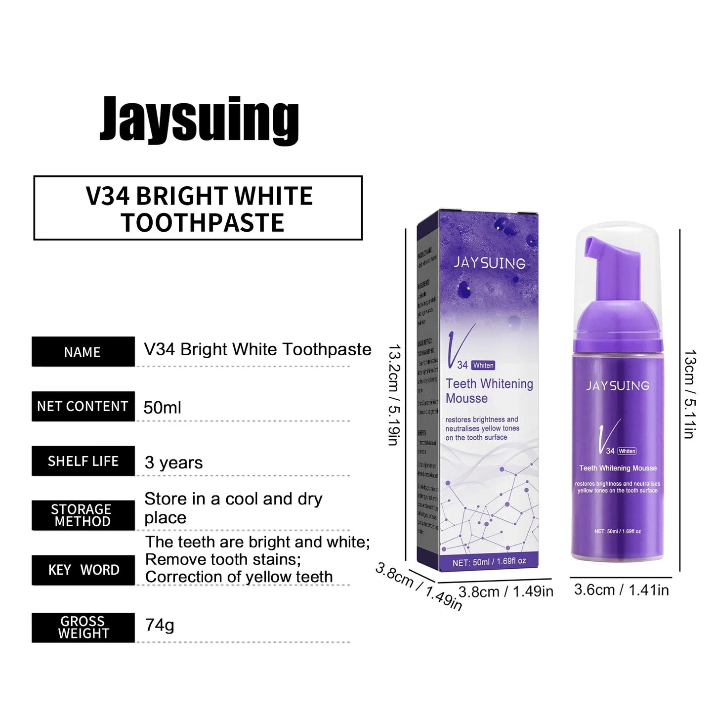 V34 Teeth Whitening Mousse – Color Corrector, Melanin Removal, Stain Cleansing & Tooth Enamel Care Foam Toothpaste