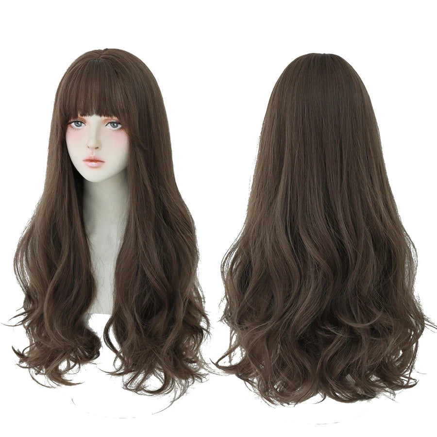 7JHH Brown Ash Long Deep Wave Lolita Wig for Women — Synthetic Hair with Bangs, Thick Curly Fashion Wig