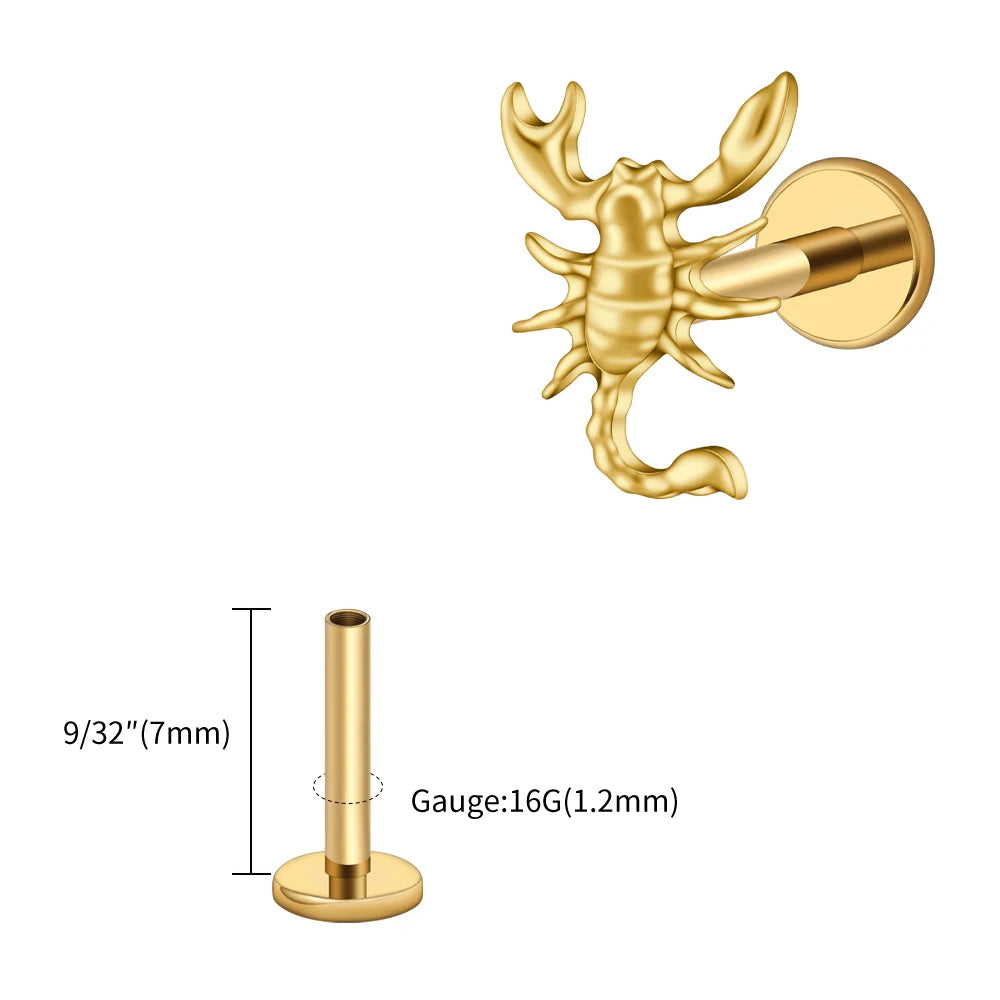 Right Grand ASTM F136 Titanium 16G Scorpion Labret Stud Earring – Flatback Zodiac Design for Tragus, Helix & Cartilage Piercing Body Jewelry