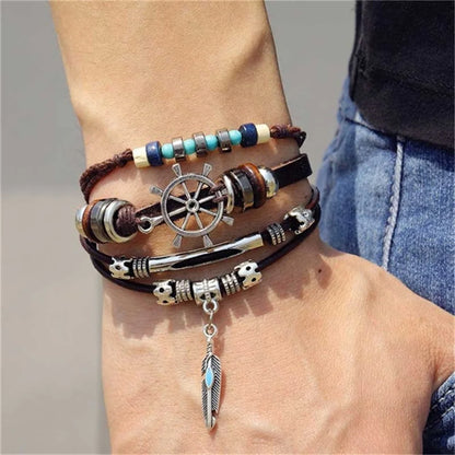 Vintage Gothic Punk Moon & Star Metal Bracelet - Multilayer Leather Bangle for Men, Leaf & Sun Arm Jewelry