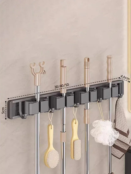 Wall-Mounted Mop & Broom Organizer — Strong Mop Holder Rack with 5 Hooks for Hanging Brooms and Cleaning Tools