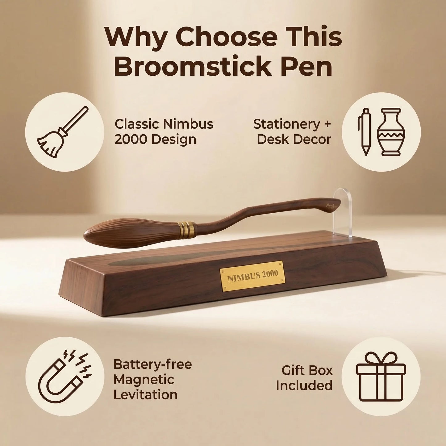 Nimbus 2000 Floating Broom Pen - Magnetic Levitating Ballpoint Pen, Desk Toy & Gift
