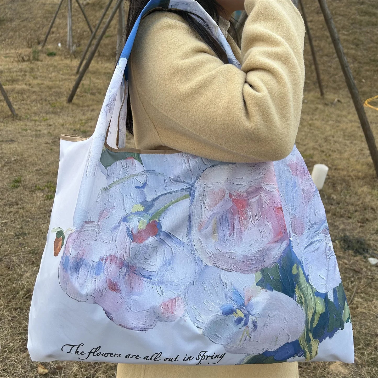 Flower Oil Painting Foldable Shopping Tote Bag – Large Capacity Reusable Portable Shoulder Handbag for Travel, Beach & Grocery Storage