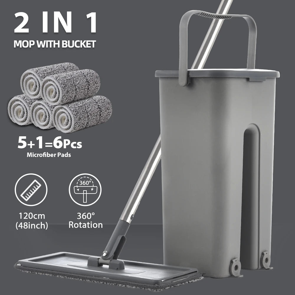 Hands-Free Flat Floor Mop & Bucket Set – Professional Home Cleaning System with Washable Microfiber Pads for Hardwood