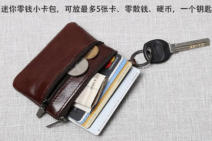 Leather Mini Coin Purse – Unisex Retro Handmade Cowhide Small Wallet with Zipper & Key Case