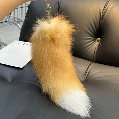 Natural Fox Fur Tail Keychain – 40cm Furry Racoon Bag Charm & Fluffy Keyring Accessory for Women