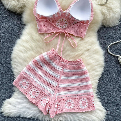 SINGREINY Women's Beach Knit 2-Piece Set – Halter Lace-Up Camis & Elastic Waist Shorts, Hollow Hook Flower Design