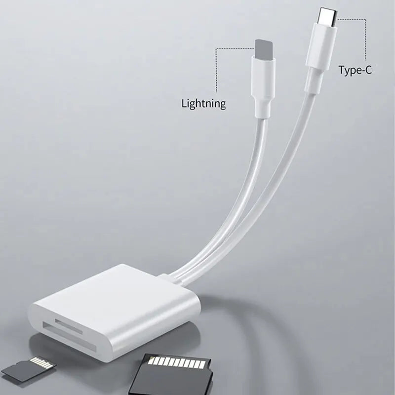 2 in 1 OTG Card Reader – Type C & Lightning to SD/TF Memory Card Adapter – For PC, Laptop, iPhone – No App Required