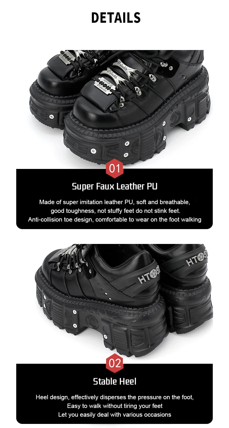 New Punk Style Lace-up Women’s Platform Boots with 6CM Heel, Gothic Rock Ankle Boots, Metal Decor Sneakers