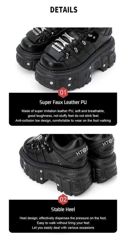 New Punk Style Lace-up Women’s Platform Boots with 6CM Heel, Gothic Rock Ankle Boots, Metal Decor Sneakers