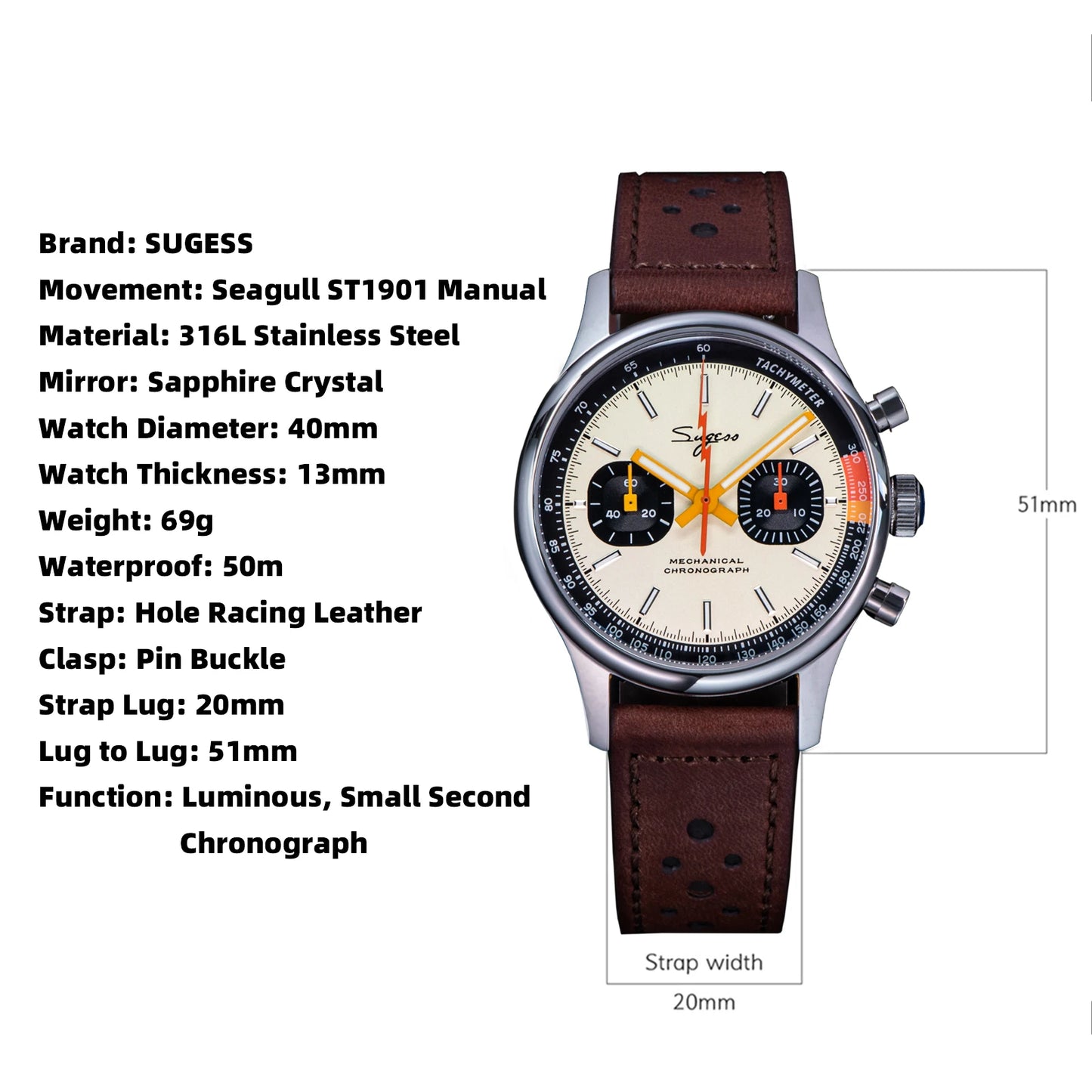 Sugess Men's Chronograph Mechanical Watch – Seagull ST19 Swan Neck Movement with Sapphire Crystal Racing V2