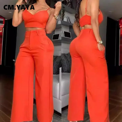 CM.YAYA Women’s 2-Piece Set – Spaghetti Strap V-Neck Crop Top & Wide Leg Pants, Party Tracksuit 2024