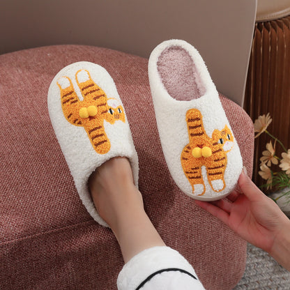Embroidered Cat Plush Slippers - Warm Thick-Sole Non-Slip Indoor House Shoes for Men & Women