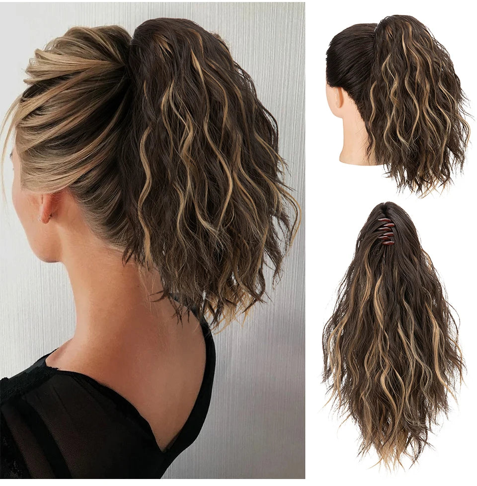 13-Inch Premium Synthetic Curly Claw Clip Ponytail – Blonde Brown Short Hairpiece, Fake Hair Extensions P064