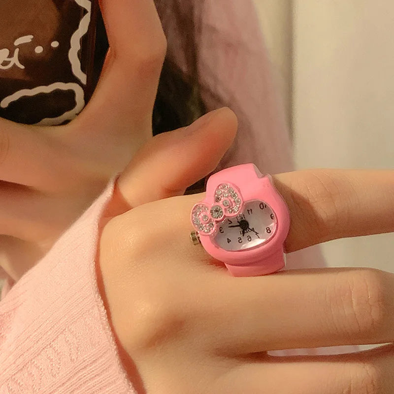 Kawaii Sanrio Hello Kitty Watch Ring - Cute KT Cat Bow Rhinestone Clock Ring Watches for Girls - Kids' Jewelry and Toy Gifts