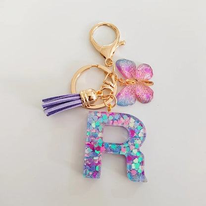 Butterfly Fringe Initial Keychain - Sequin A-Z Letter Bag Charm for Women, Students & Gifts