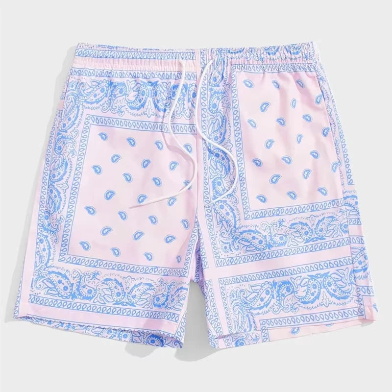 Trendy Bandana Graphic Beach Shorts - Men’s Summer 3D Printed Swim Trunks