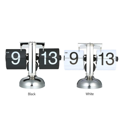 Small Retro Flip Clock – Stainless Steel Gear-Operated Table Clock, Black/White Quartz Design