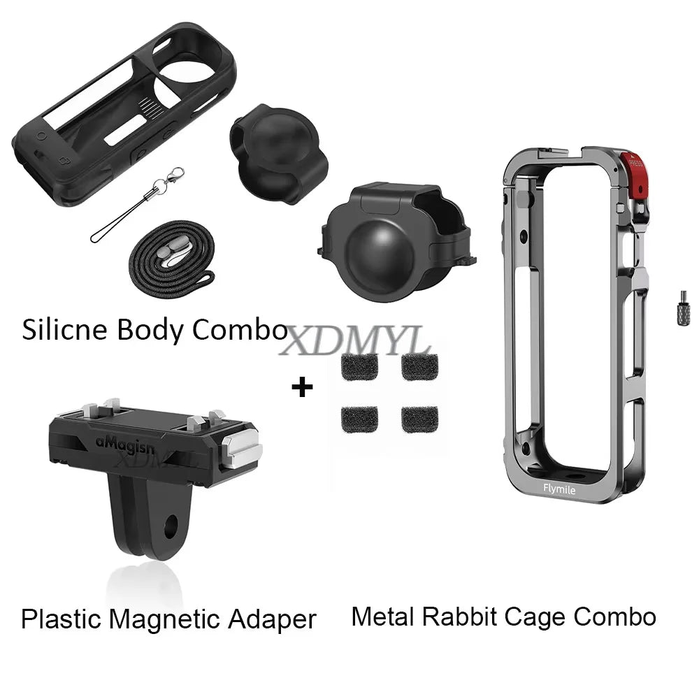 Aluminum Alloy Protective Cage for Insta360 X5 – Camera Frame with Silicone Lens Cover & 1/4" Cold Shoe