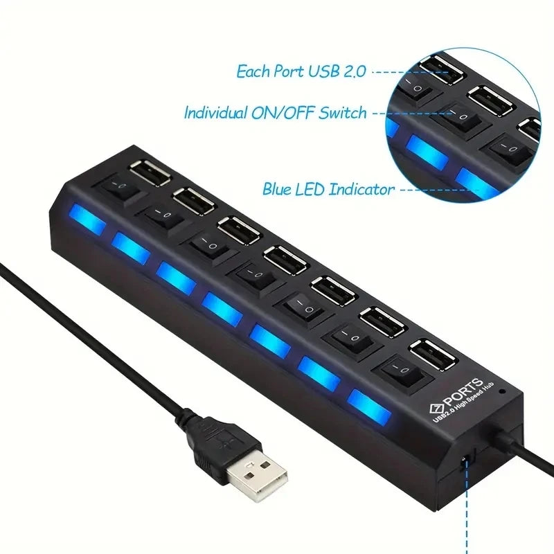 High-Speed USB 2.0 Hub with 4 or 7 Ports - Multi-USB Splitter with LED Indicator and Individual Switches for PC and Laptop