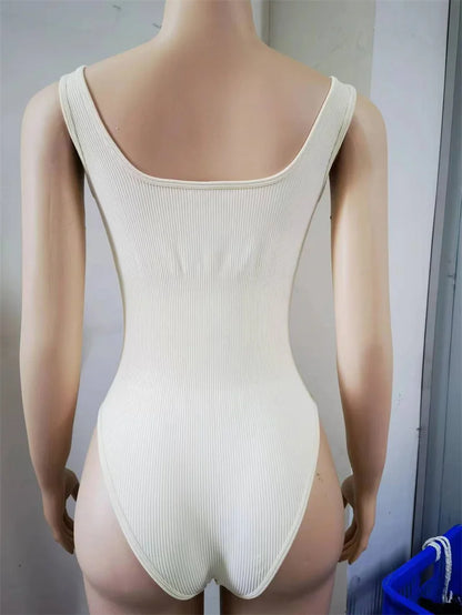 GUUDIA Ribbed Tummy Control Jumpsuit – Light Compression Daily Shaper Bodysuit with Open Crotch Shapewear Design