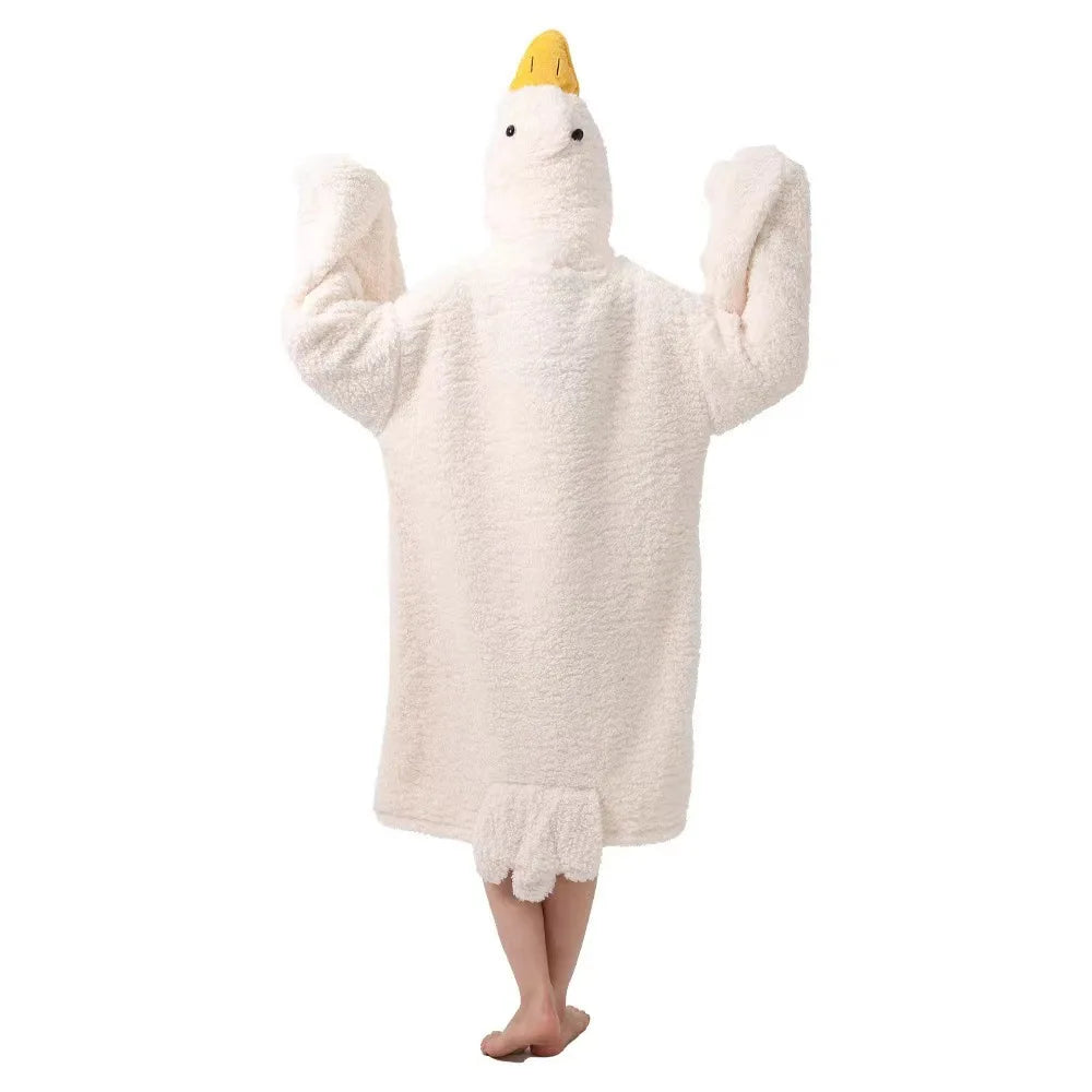 Thick Coral Fleece Hooded Robe – Cute Cartoon Goose Nightgown, Funny Couple Sleepwear & Duck Cosplay Home Clothes