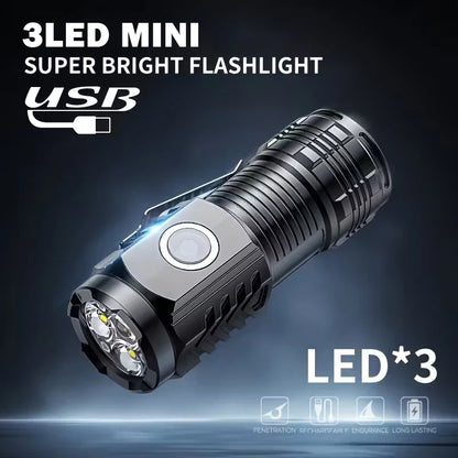 Mini 3 LED Rechargeable Flashlight with Pen Clip – Portable Waterproof Emergency Torch for Night Walking & Outdoor Use High Brightness Spotlight Light