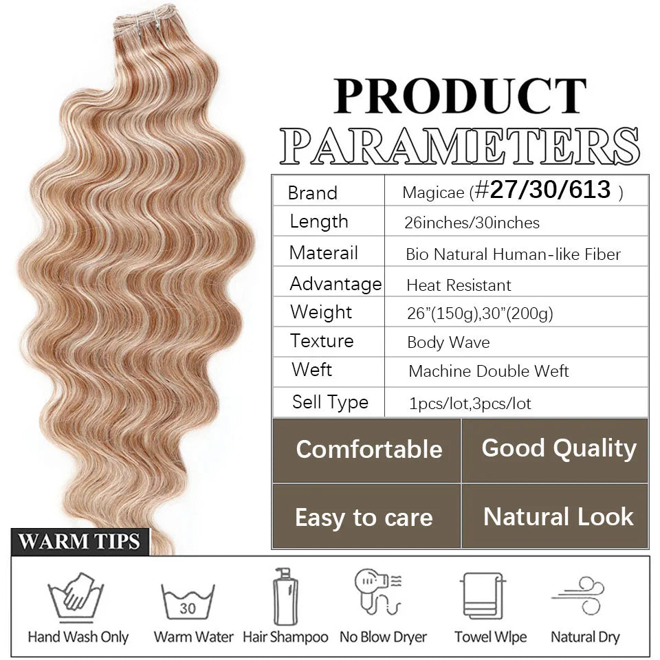 Highlight Gold Bio Body Wave Hair Weave Bundles – 26"/30" Synthetic High Temperature Soft, Natural Human-Like Fiber Hair Extensions