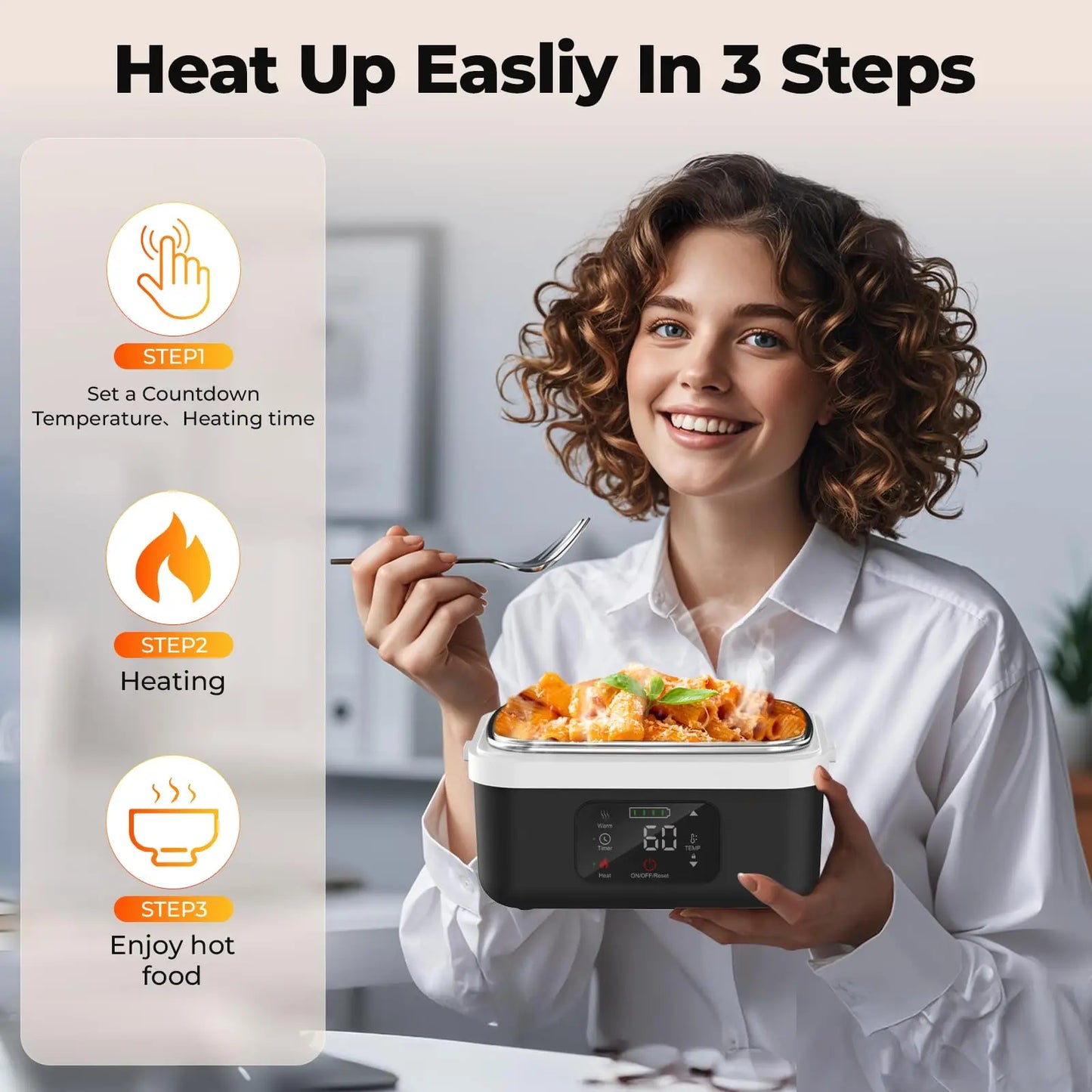 Wireless Electric Heated Lunch Box 8000mAh – 60W Portable Food Warmer 1L Stainless Steel Insulated Lunch Container for Travel & Work