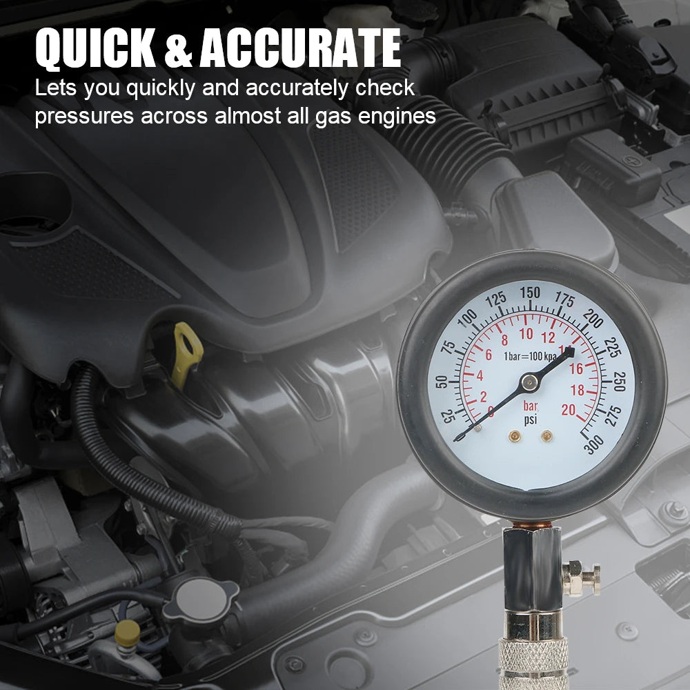 Gasoline Engine Compression Meter - 0-300 PSI Pressure Gauge Automotive Cylinder Tester Kit with M10 M12 M14 M18 Adapters