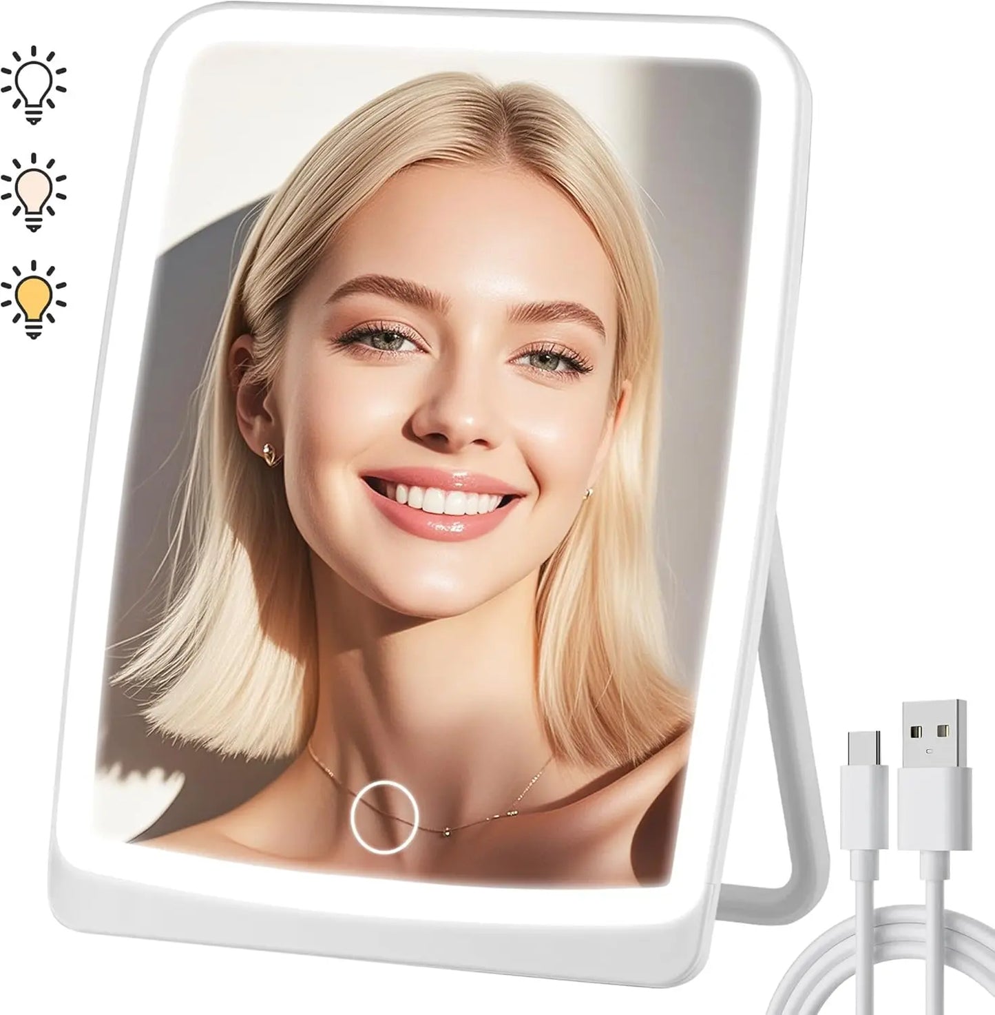 LED Compact Rechargeable Makeup Mirror – Dimmable Touchscreen with 3-Color Lighting, Lighted Travel & Tabletop Cosmetic Mirror