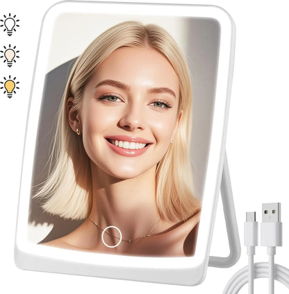 LED Compact Rechargeable Makeup Mirror – Dimmable Touchscreen with 3-Color Lighting, Lighted Travel & Tabletop Cosmetic Mirror