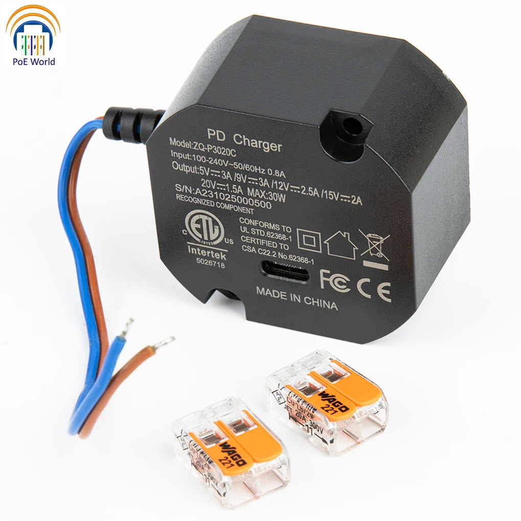 Flush Wall-Mounted USB-C Charger 30W – 240V AC to Multi-Voltage Type-C Power Adapter (5V/9V/12V/15V/20V) for iPad & Tablets