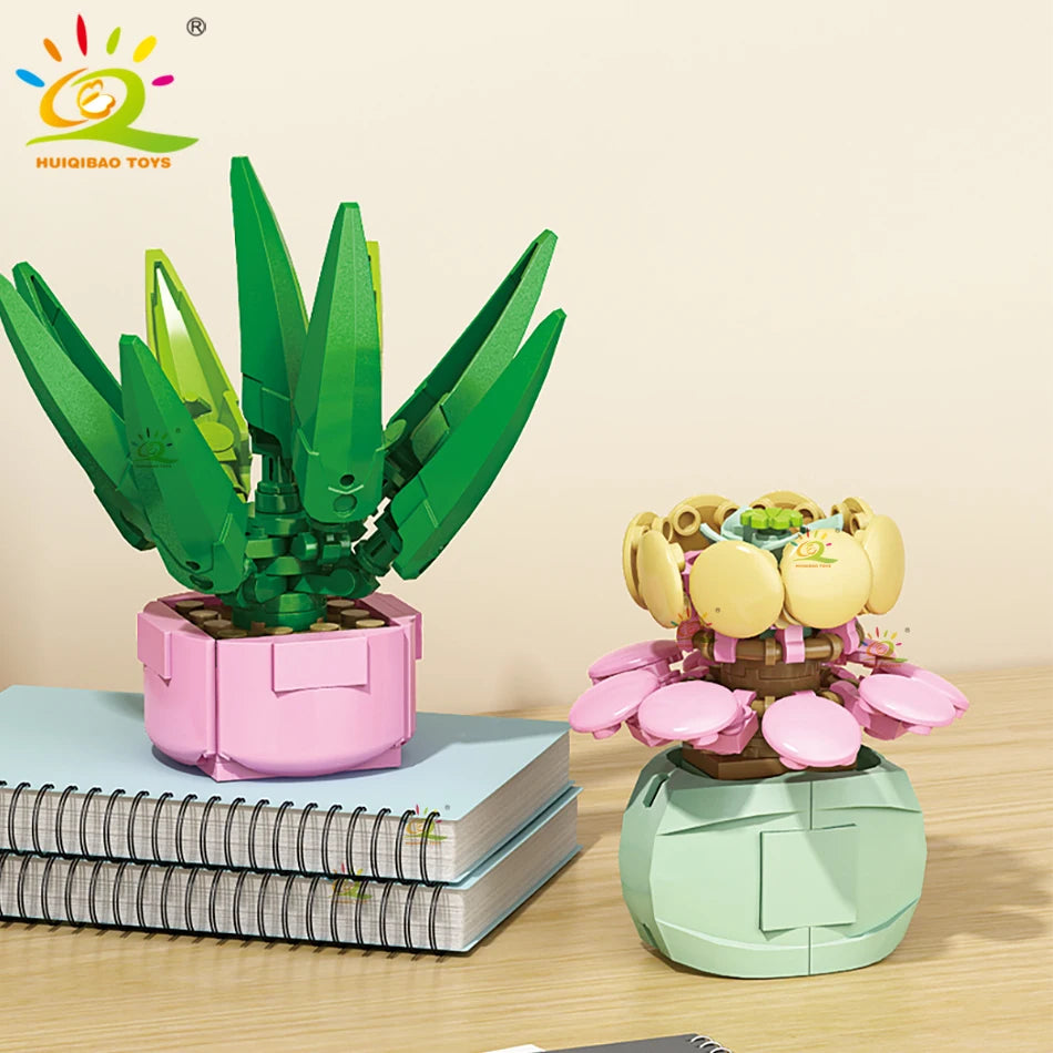 HUIQIBAO MOC Flower & Succulent Potted Building Block Set – DIY Eternal Bouquet, Home Desk Plant Decor, Girls & Kids Toy Gift