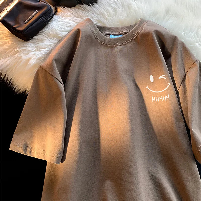 Men's & Women's Smiling Face T-Shirt — Funny Fashion Oversized Short-Sleeve Couple Top, American Basic Loose Pullover