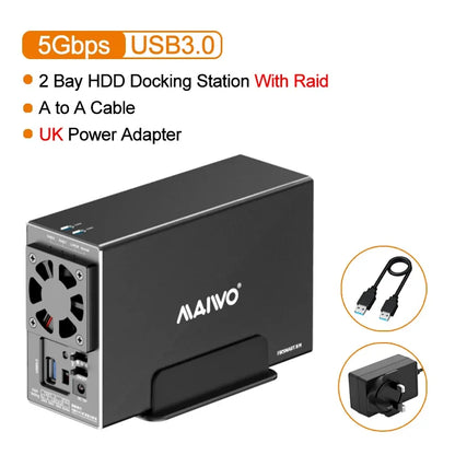 MAIWO 3.5 Inch HDD Case – Dual Bay SATA RAID Storage Enclosure & Docking Station for 2.5/3.5 Inch External Hard Drives