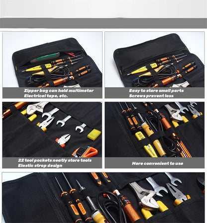22-Pocket Oxford Canvas Folding Wrench Roll – Waterproof Tool Storage Organizer with Hand Roller