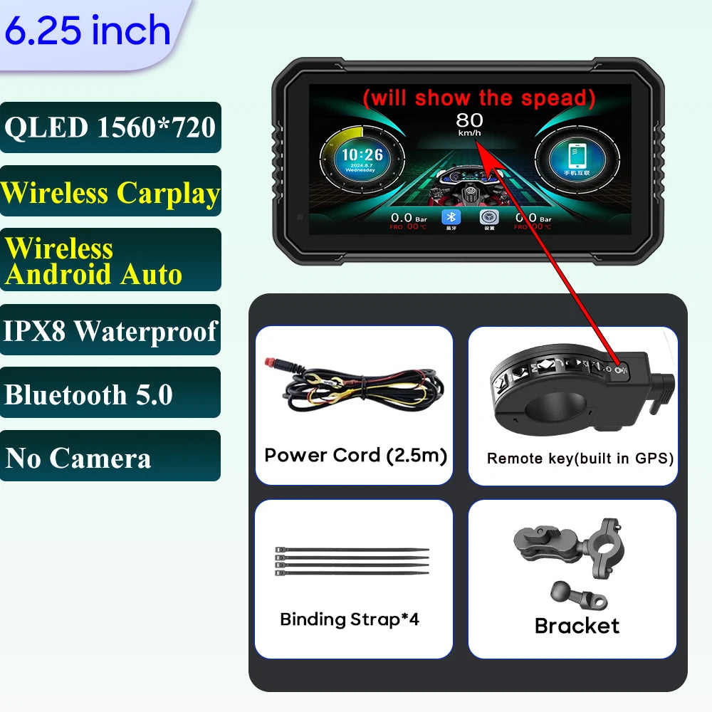 6.25-Inch Motorcycle GPS Navigation Screen with Wireless CarPlay & Android Auto – 1560x720 Resolution, Motor DVR Monitor, TPMS Optional