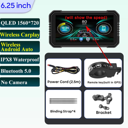 6.25-Inch Motorcycle GPS Navigation Screen with Wireless CarPlay & Android Auto – 1560x720 Resolution, Motor DVR Monitor, TPMS Optional